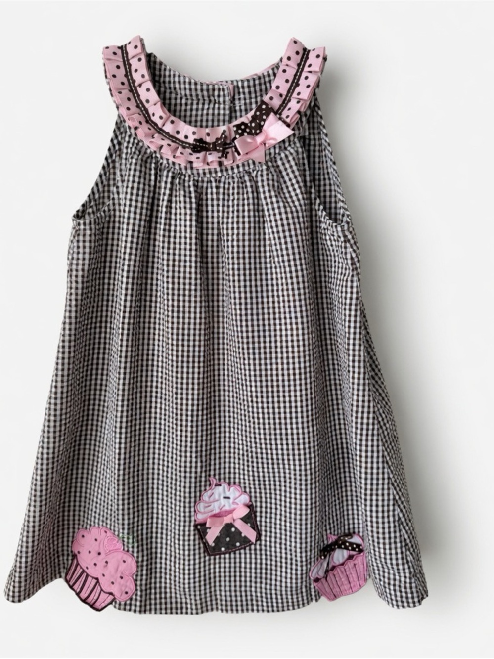 Rare Editions Brown Gingham Dress with Pink Polka-Dot Ruffles